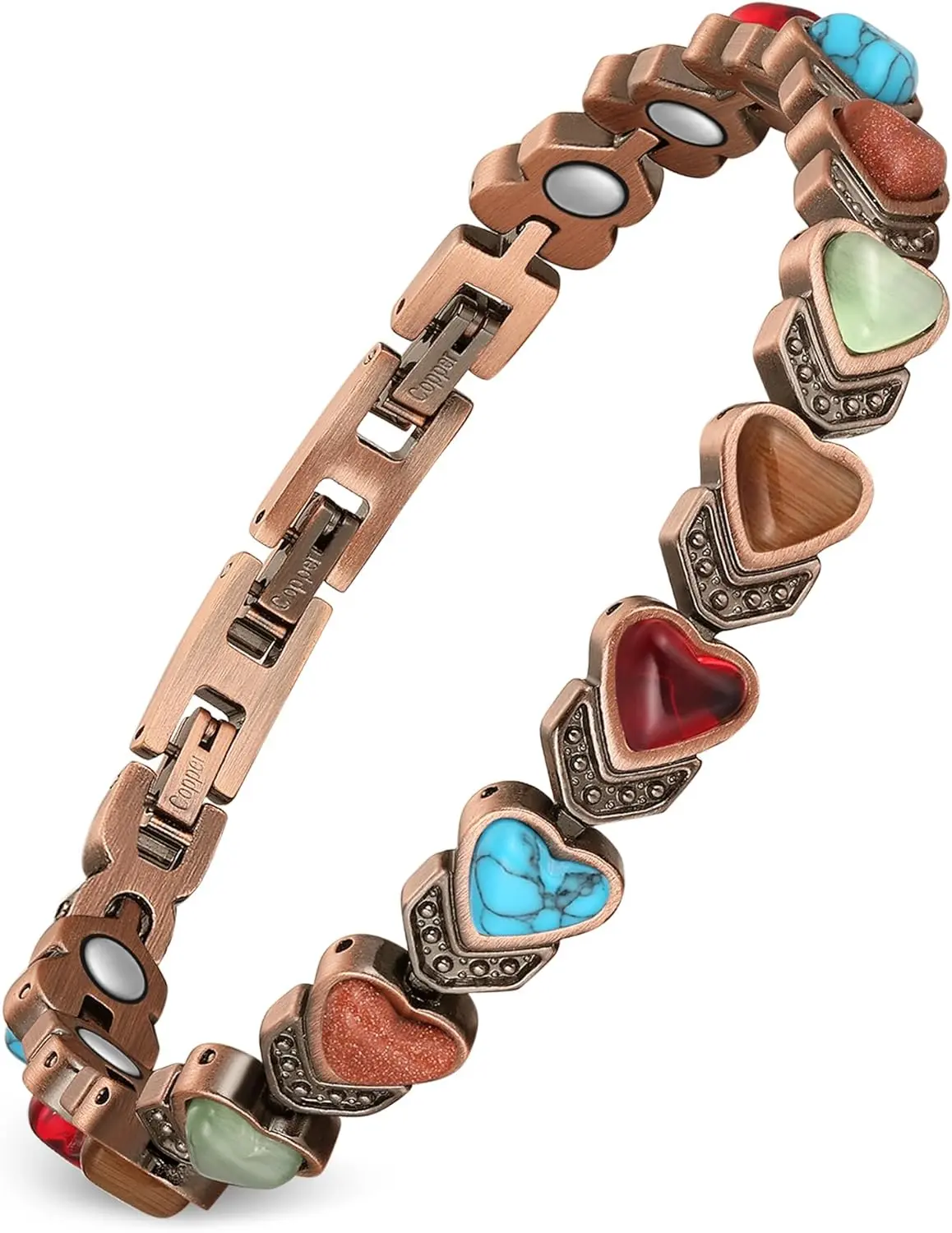 Vintage Copper Magnetic Therapy Bracelet for Women Colorful Heart Gemstone Link Bracelet Adjustable Wellness Jewelry Gift
