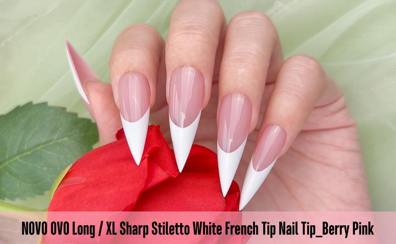 NOVO OVO White French Tip Long XL Sharp Stiletto Nail Tips Press on BERRY PINK,Soft Gel Double Matte Fake Nail Extension, Full Cover False Nails for Acrylic DIY x 16 Sizes 160 pcs【 NO GLUE TOP COAT AND LAMP INCLUDED】