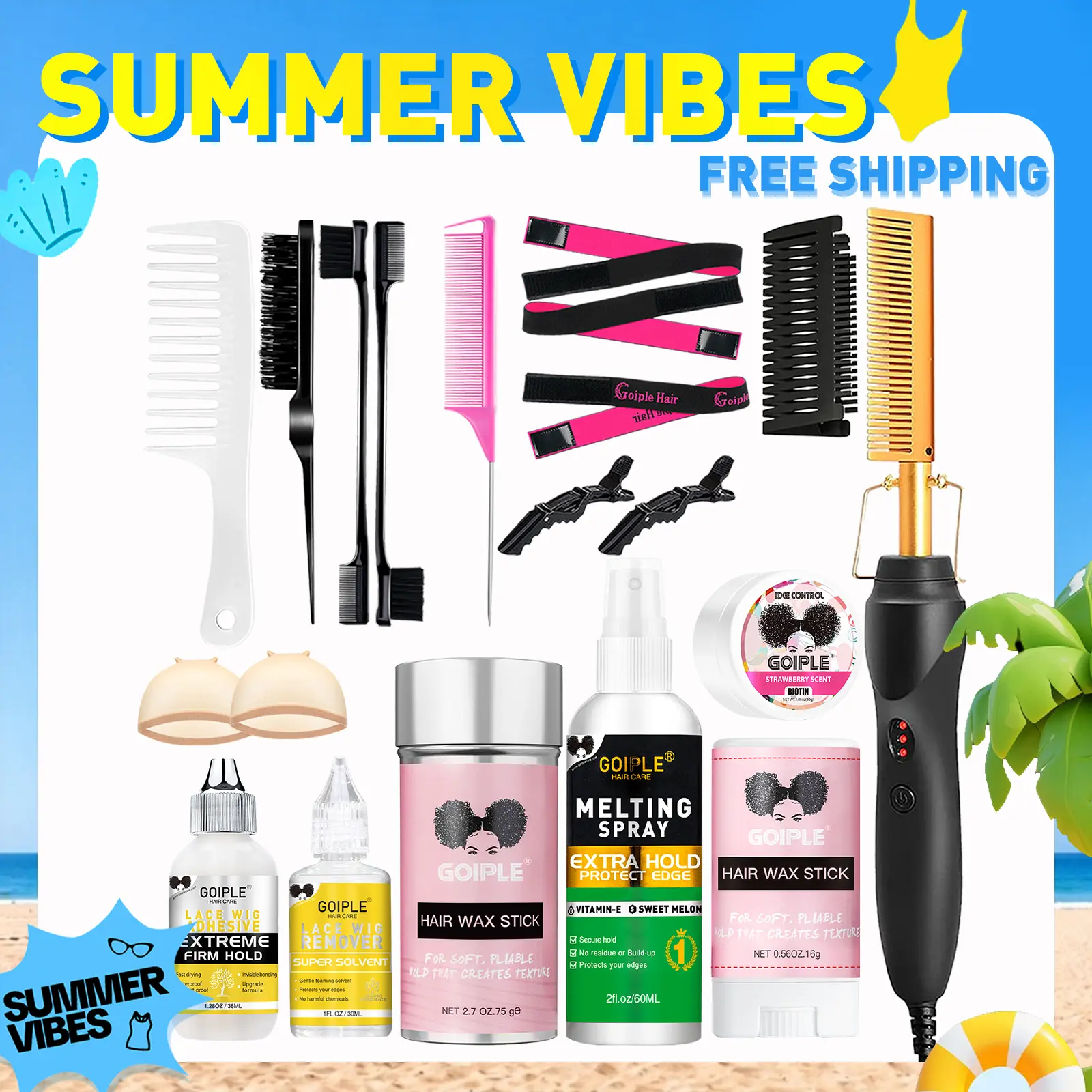 【SUMMER VIBES】Electric Hot Comb Hair Straightener for Natural Hair and Wigs - Curling Iron and Pressing Comb Set with Wax Stick Brush Salon Gift Straightening Cream