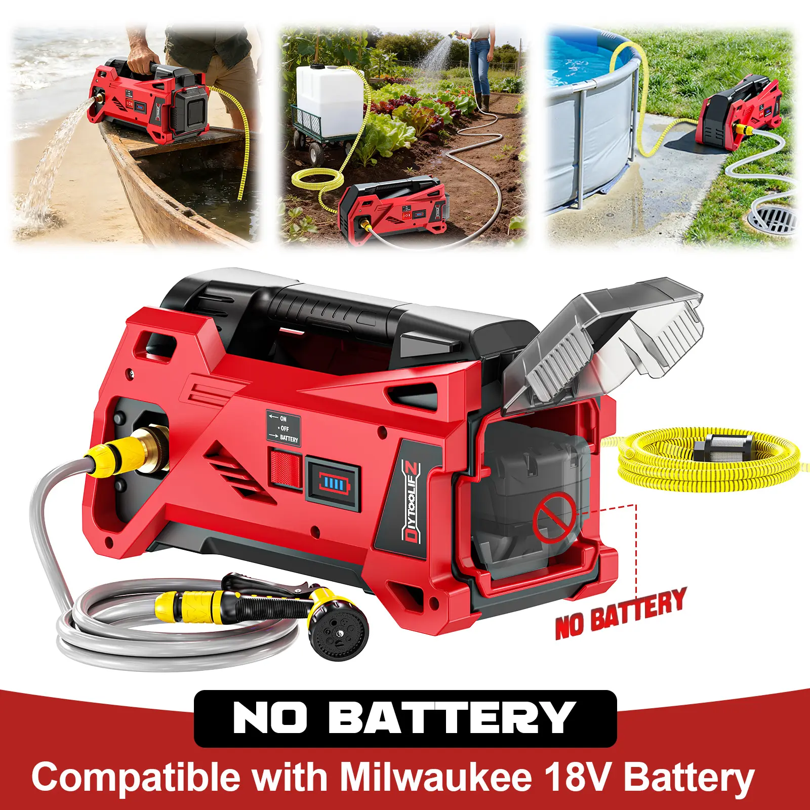 Cordless Water Transfer Pump 9.6GPM Compatible with Milwaukee 18V Battery【NO BATTERY!!】, Powered Pond Pumps, Portable Self-Priming for RV, Tank, Pool Draining, Garden Watering backtoschool