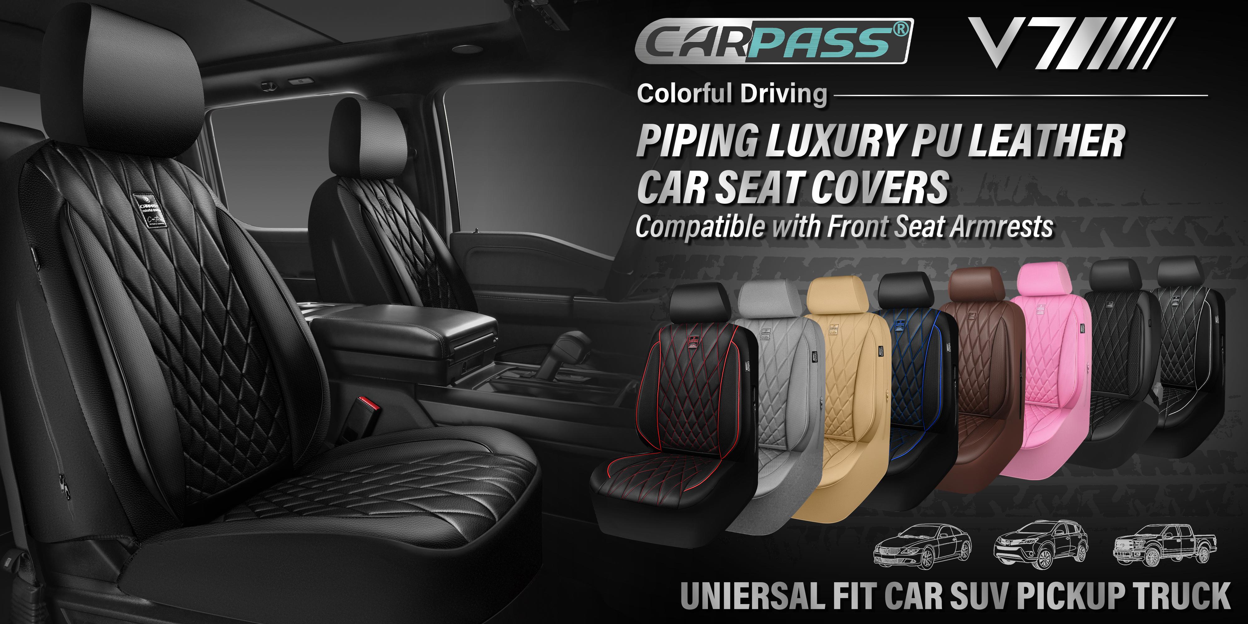 CAR PASS Piping Luxury PU Leather Car Seat Covers,Waterproof Anti Slip Compatible with Seat Armrests,Universal Fit for Suvs,Vans,Trucks,Airbag Safe Easy To Install