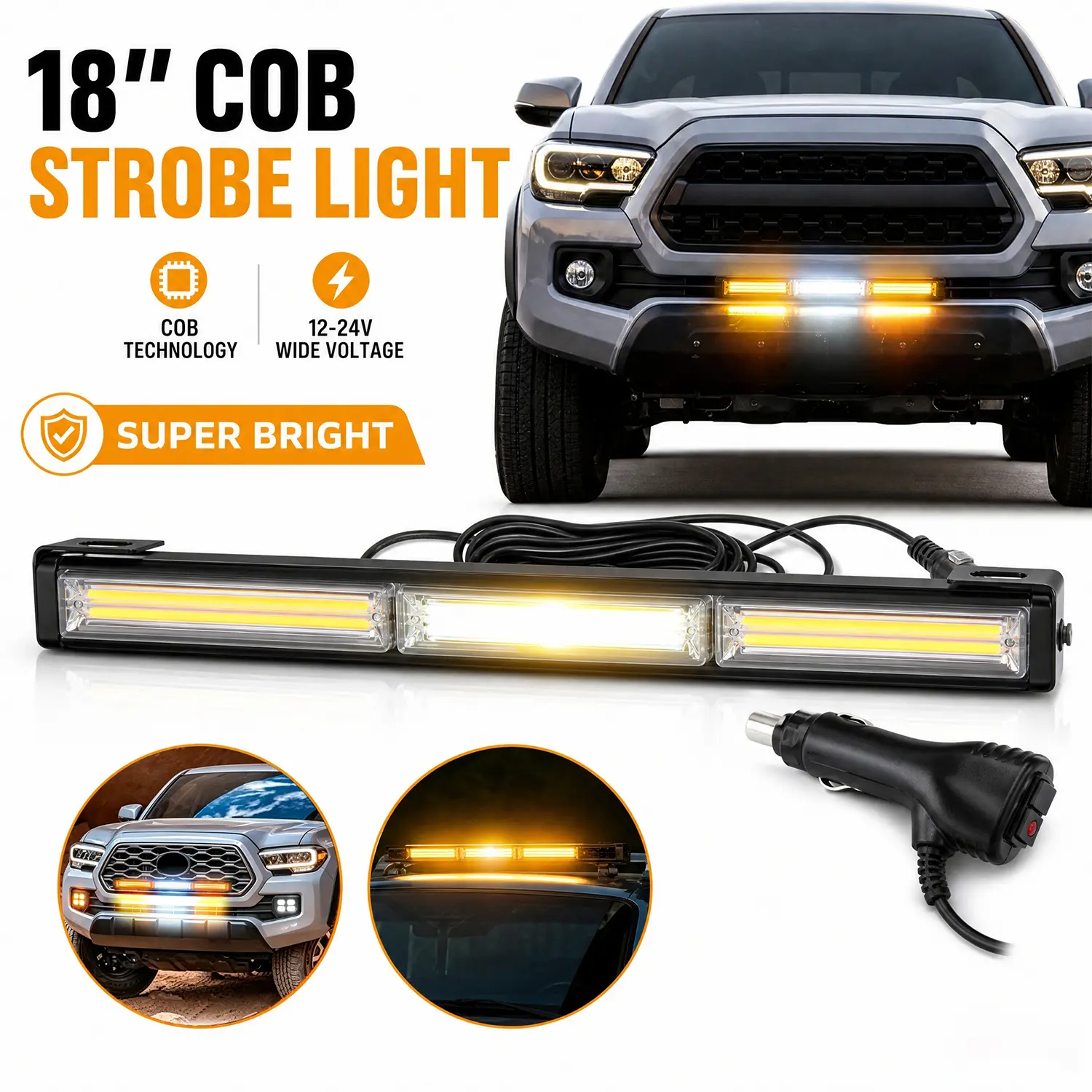 18 Inch Heavy Duty Aluminum COB Signal Row Light Bar, High Visibility Amber White Strobe Flashing Safety Light with Adjustable Brackets & Cigarette Plug, Universal Fit for Pickup SUV ATV Construction Trucks 12-24V