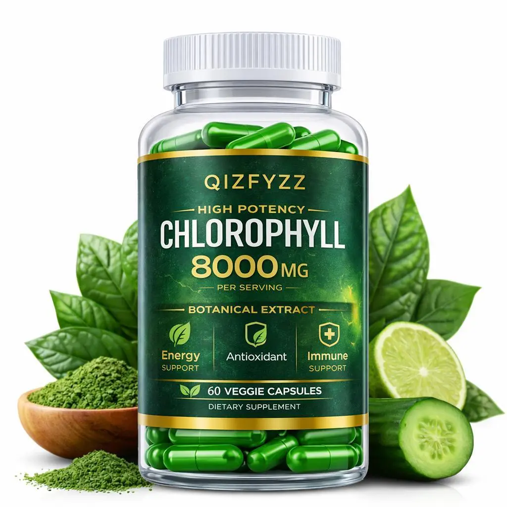QIZFYZZ 8000mg Liquid Chlorophyll Edible Capsules - Natural Plant-Based Vitamin Supplement, Premium Antioxidant, Healthcare Support, Daily Supplemental Nutrition Aid, Body & Digestive Health Boost, Non-GMO Vegan