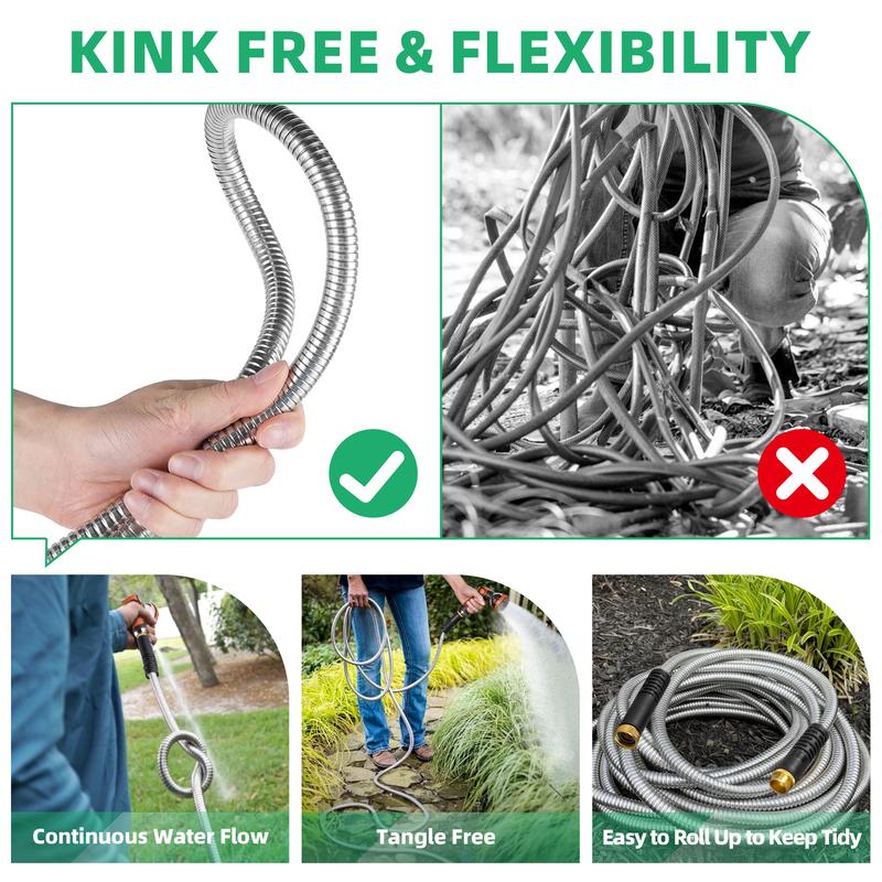 Garden Hose 50/100 ft Metal - Stainless Steel Water Hose Flexible Heavy Duty Garden Hose Collapsible and No Kink Water Pipe Handle Home Adjustable Nozzle