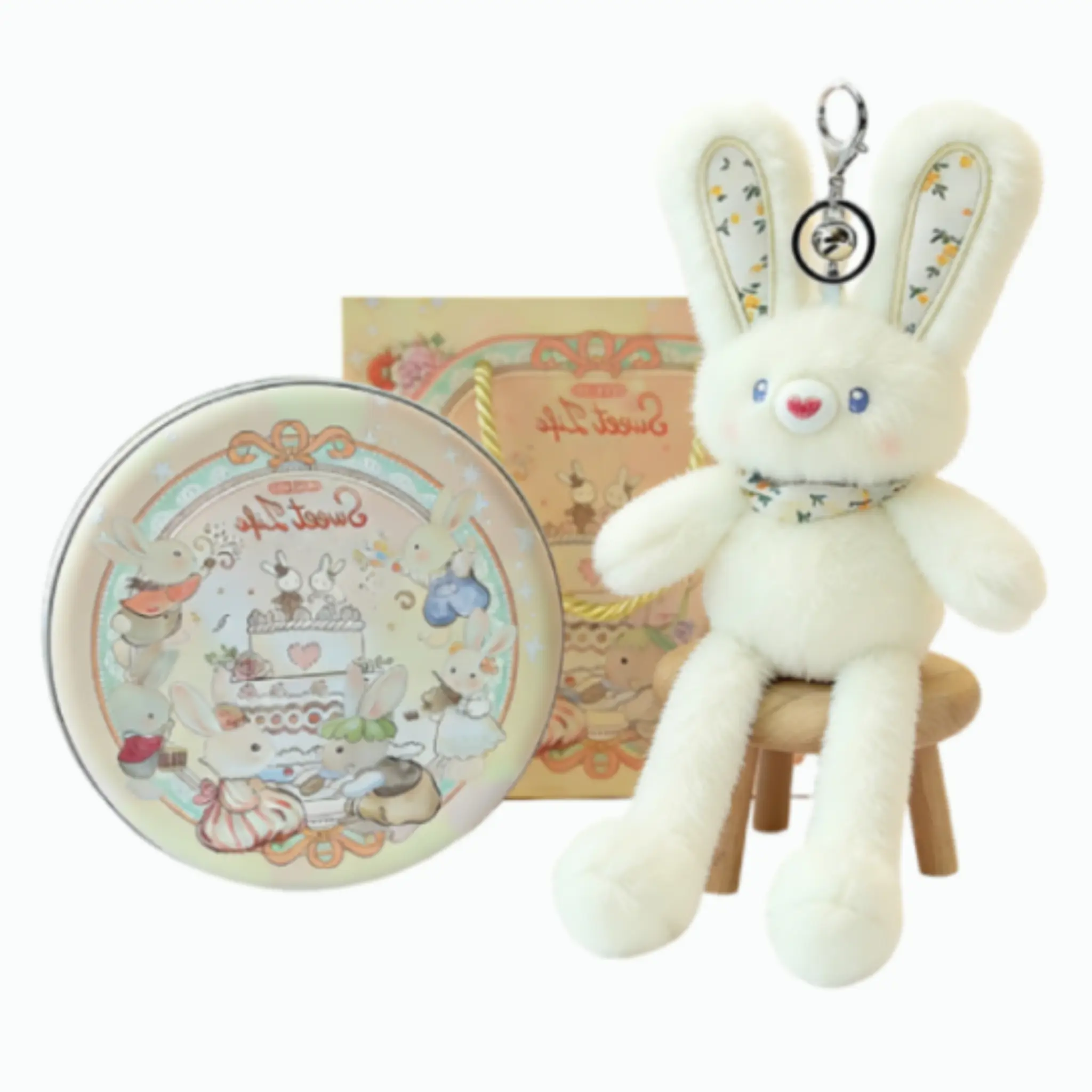 Emotional Support Pull-Ears Bunny Keychain Bag Charm with Round Tin Box & Gift Bag Stretchable Ears Legs Soft Pastel Colors Perfect for Valentine's Day Birthdays Easter Gifts, Fluffy Bunny Keychain, Cute Soft Keychains