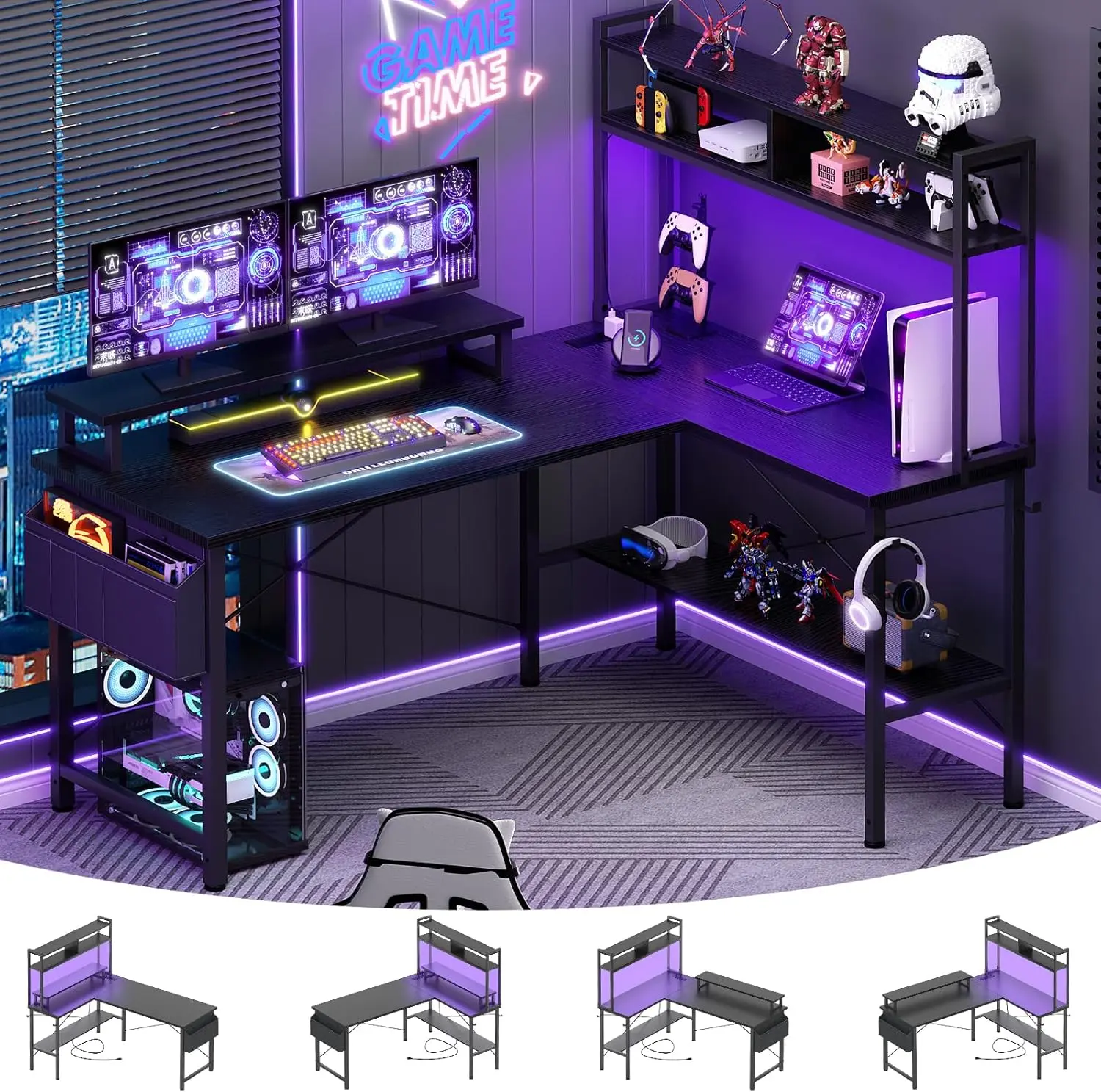 Aheaplus L-Shaped Gaming Desk with Power Outlets & LED Lights, Small L- Shaped Desk Computer Corner Desk with Monitor Stand & Storage Shelf, Home Office Desk Writing Desk with Storage Bag, Black