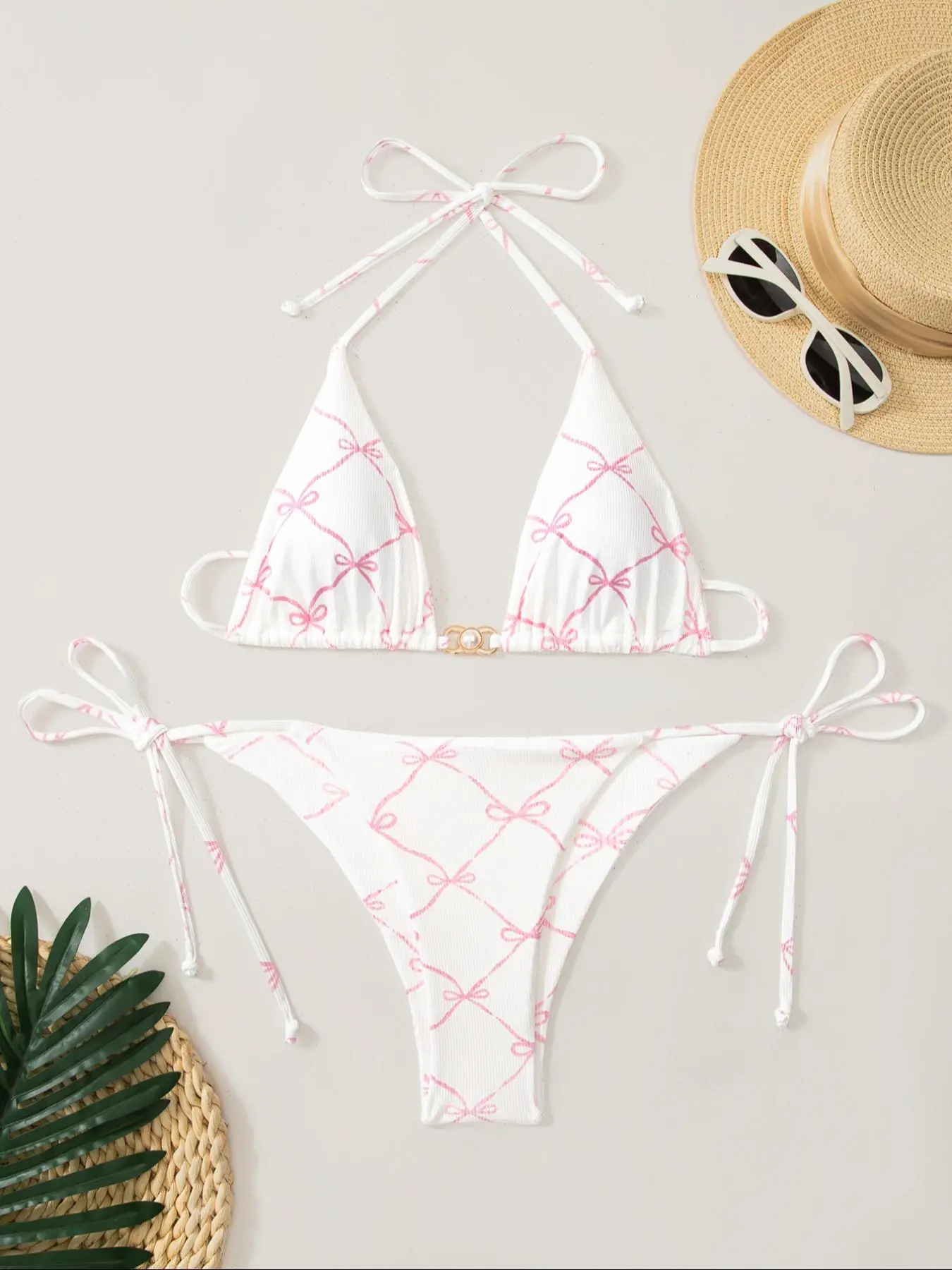 Two-Piece Set Women's All Over Bow Printed Bikini Swimwear Set, Casual Halter Neck Tie Back Triangle Swim Bra & Tie Side Swim Panty, Two-piece Swimsuit for Beach Holiday Vacation, Triangle Bikini Sets, Bikini Beach Wear