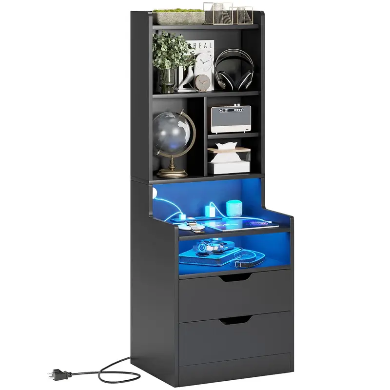 Sikaic Tall Night Stand with Charging Station and LED Lights, Nightstand with Bookshelf, Bedside Table with Drawers & Power Outlets, End Side Table for Bedroom, Home Furniture, Dorm Essentials [tiktokshopbacktoschool]