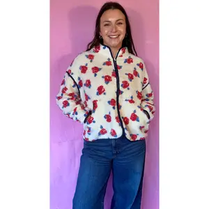 Oversized Floral Printed Fleece Sherpa Jacket