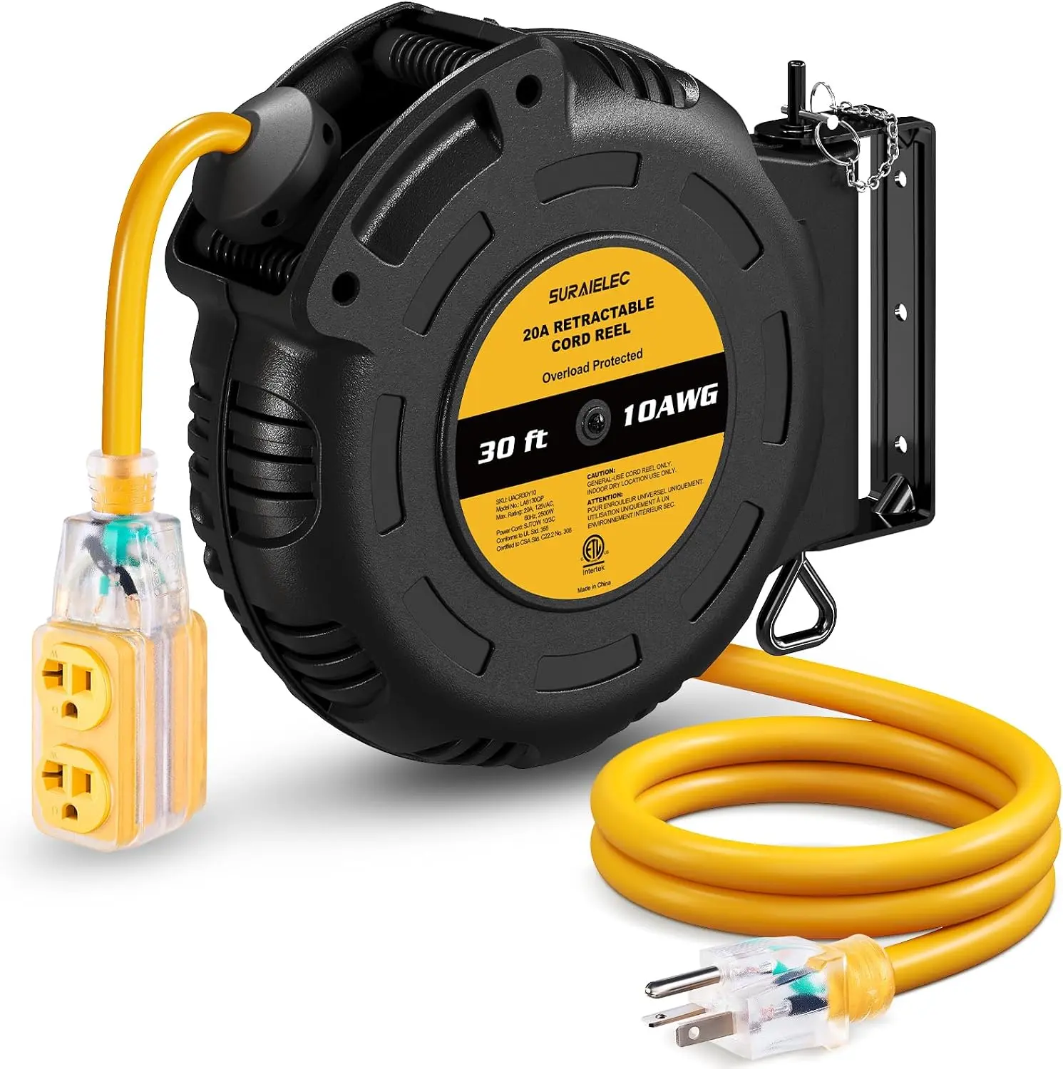 Suraielec 30FT Retractable Extension Cord Reel, 10AWG/3C SJTOW Heavy-Duty Cord, 20A, ETL Listed, 4 Lighted Grounded Outlets, Wall/Ceiling Mount for High Power Equipment, Wall Mount