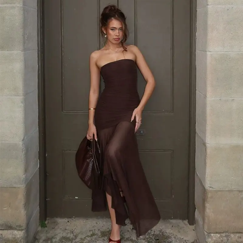 LikeMyChoive Chocolate Brown Strapless Ruched Sheer Mesh Maxi Dress |  Elegant Evening Gown with Asymmetrical Skirt & Solid Lining - Formal,  Fabric long formaldresses - TikTok Shop