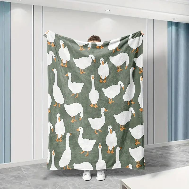 Sage Green Plush Flannel Decorative Blanket - Cute White Goose Motifs, Soft Warm Fuzzy Animal-Themed, Multi-Size for Bedroom Sofa, Whimsical Room Decor, Home Decor Items, Quirky Cool Gifts for Adults