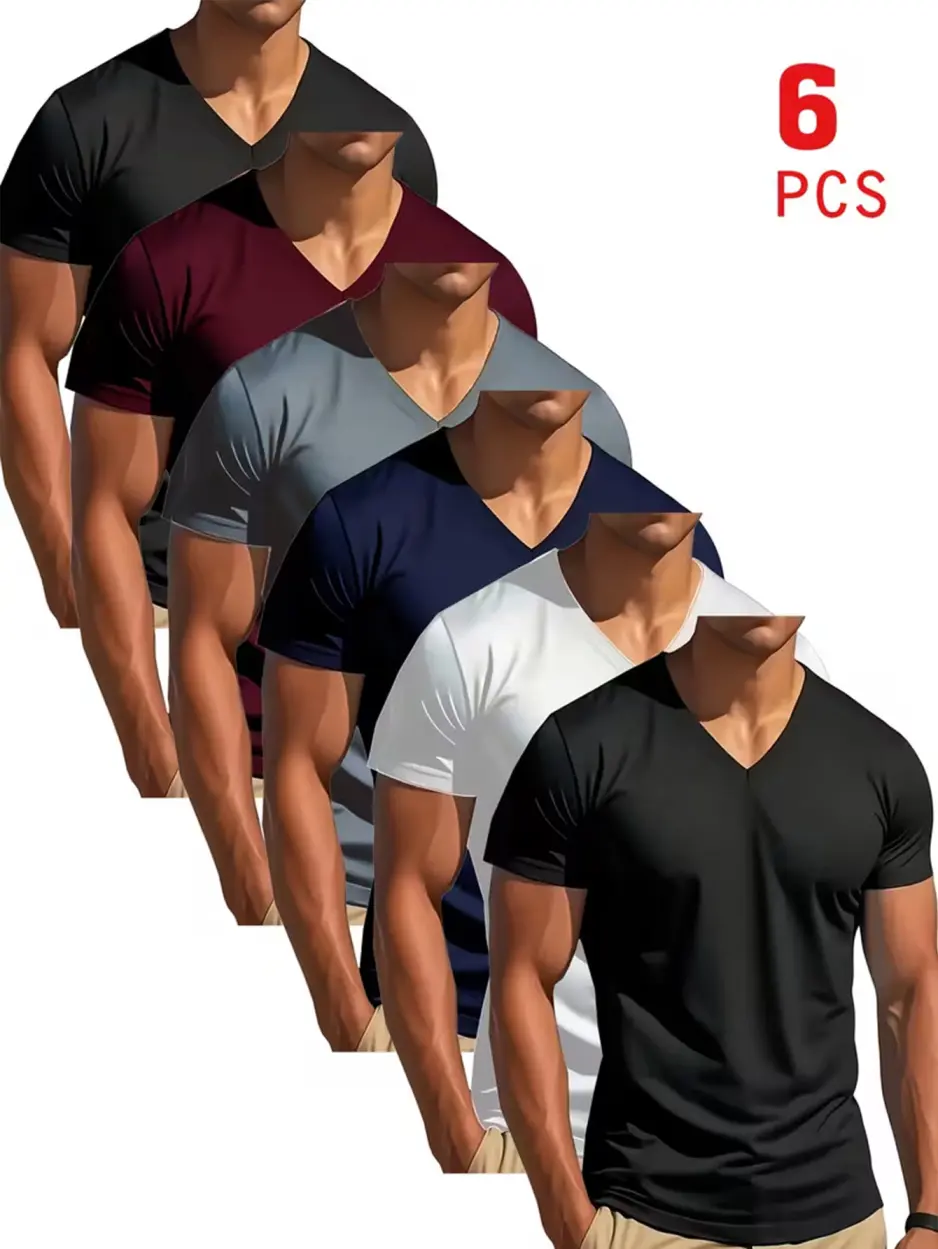 MTTYYD 6-Pack Men Multi-Color Solid V-Neck Short Sleeve T-Shirts Lightweight Breathable Polyester Slim Fit Crew Neck Alternate Athletic Tops Machine Washable For Running Fitness Summer Daily Casual Outfit Bundle