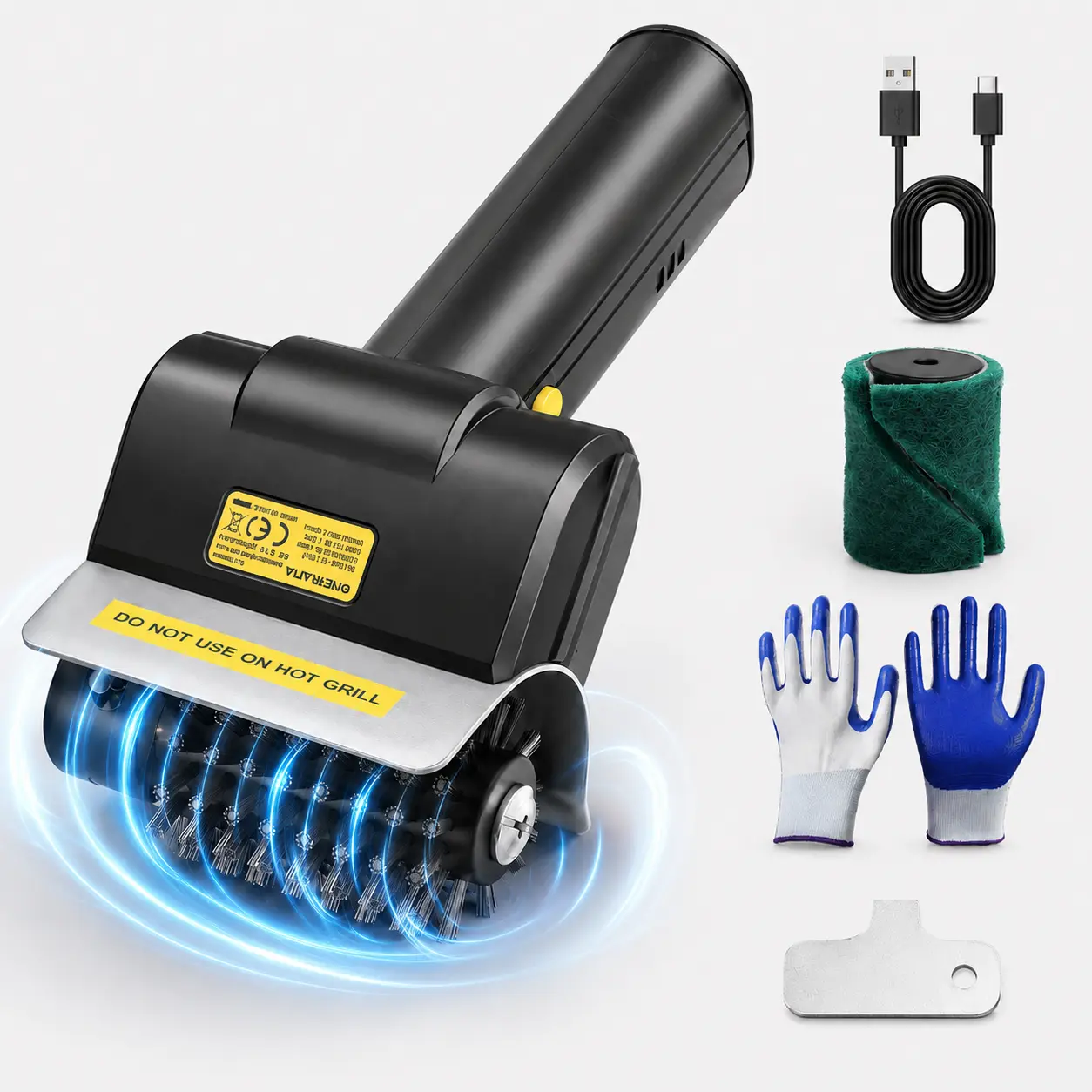 Rechargeable Stainless Steel Electric Grill Brush - Lightweight Rotating BBQ Cleaner with Steel Bristles, LED Light, 100+ Min Runtime, 2 Cleaning Pads, Gloves + Wrench, Type-C Charge for Outdoor Grills, Camping