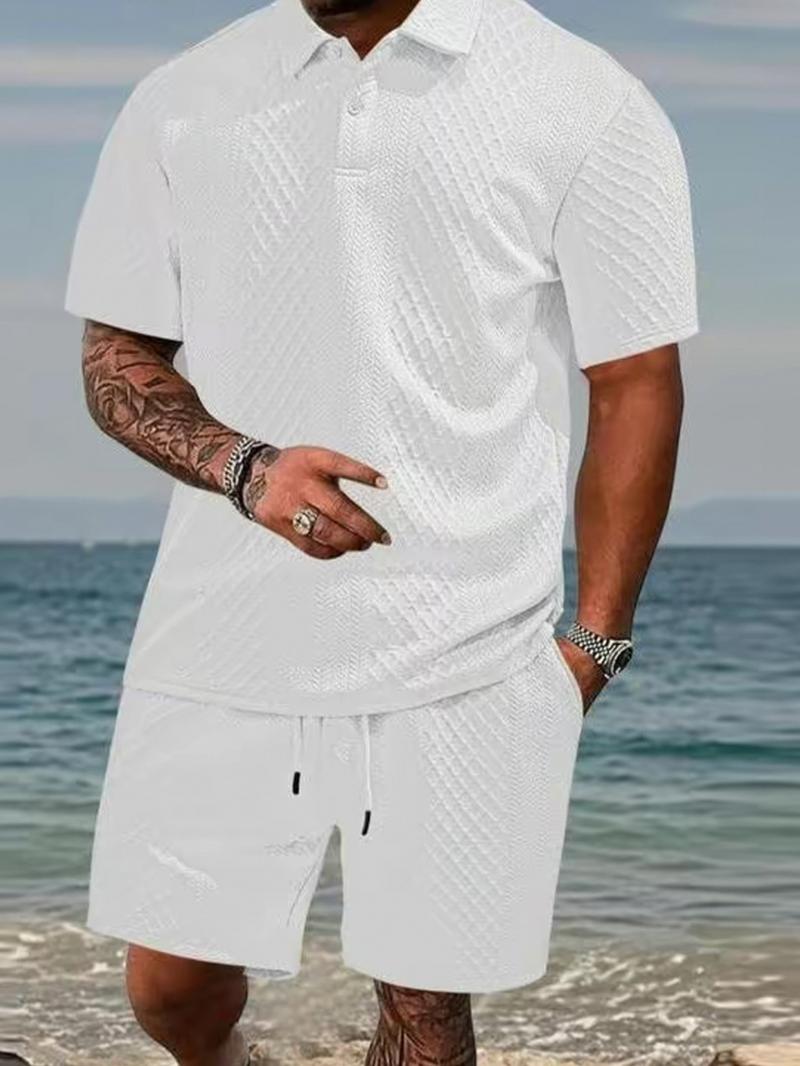 Men's summer casual texture fabric solid color polo shirt T-shirt shorts 2-piece set, loose fit suitable for casual sports, breathable and cool, essential summer outfit, comfortable and versatile Menswear Plain Men's summer casual texture fabric solid color polo shirt T-shirt shorts 2-piece set, loose fit suitable for casual sports, breathable and cool, essential summer outfit, comfortable and versatile Menswear Plain
