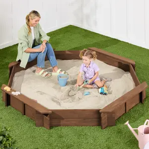Best Choice Products Kid's Octagonal Wooden Outdoor Sandbox w/ Benches, 8 Seats, Cover, XL Sandpit, Liner