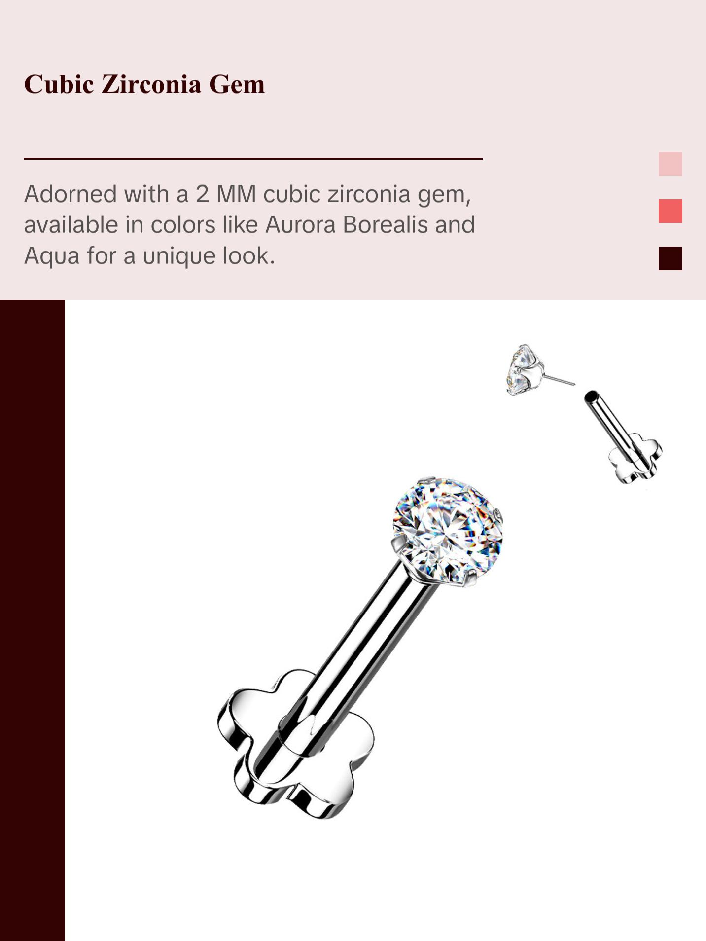 Titanium Monroe / Labret Stud Ring 18 Gauge Threadless Gem Flower Back