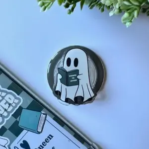 Cute Ghost PopSocket, Book Lover Ghost Phone Grip, Spooky Cute Aesthetic Phone Stand, Halloween Ghost PopGrip, Reading Ghost Gift