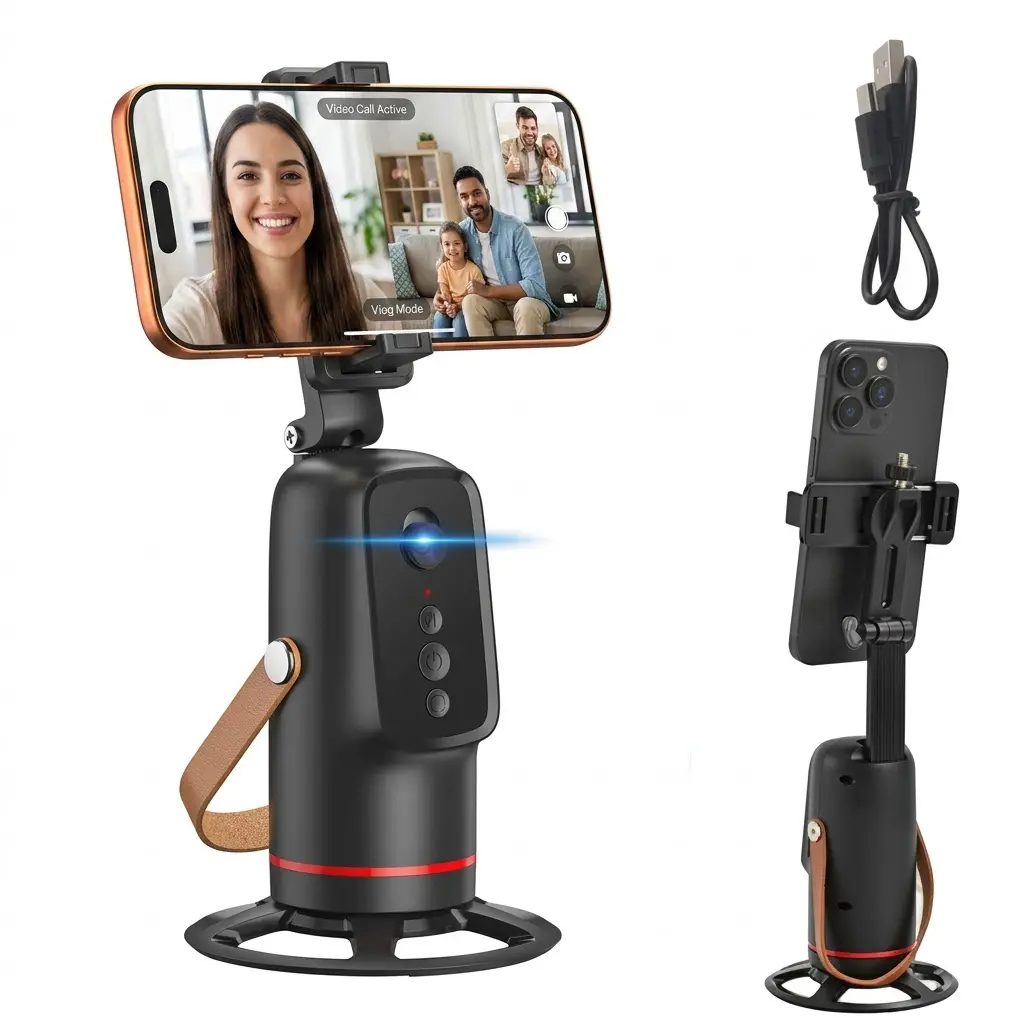 Hands-Free Universal Clamp Smart Auto Track Phone Holder - Compact Rechargeable, Gesture Control, 360° Angle Control, Body Camera Mount, Tripod Compatibility for iPhone, Vlogging Live Stream Filming Selfie Accessory
