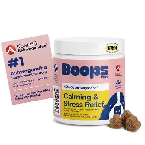 Boops Pets Calming Chews for Dogs – KSM-66 Ashwagandha, L-Theanine & Melatonin – Supports Relaxation & Calm Behavior – Great for Storms, Fireworks, Travel & Vet Visits – Turkey & Beef Flavor