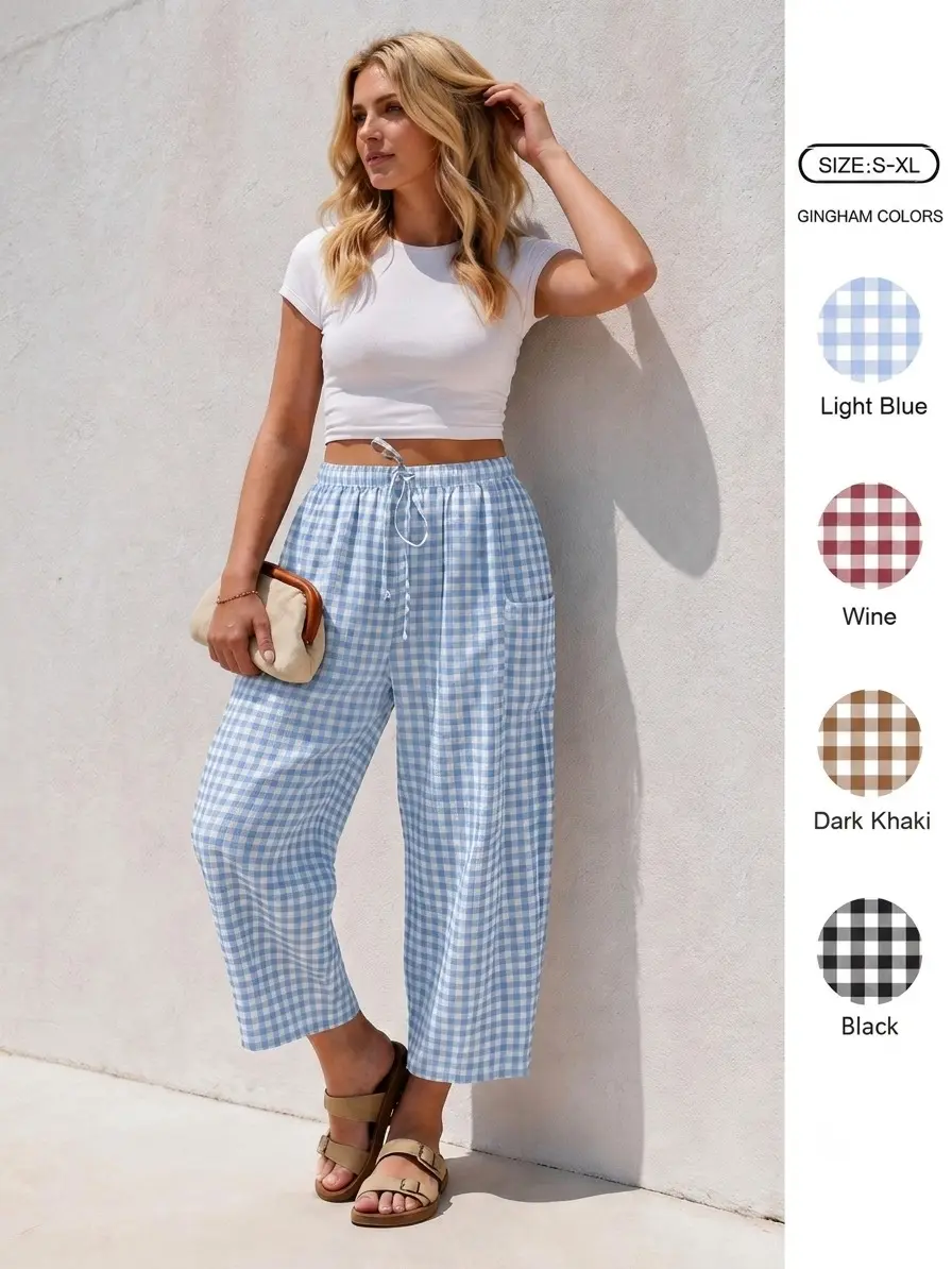 IDEALSANXUN Women's Plaid Baggy Harem Pants - Elastic Mid-Rise Loose Wide-Leg Cropped Trousers with Drawstring Bottoms, Breathable Fabric for Spring Summer Casual Beach Wear | Women's Clothes,back to school shopping Boho Checkered