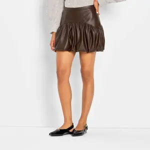 Women's Drop Waist Faux Leather Bubble Mini A-Line Skirt - Future Collective
