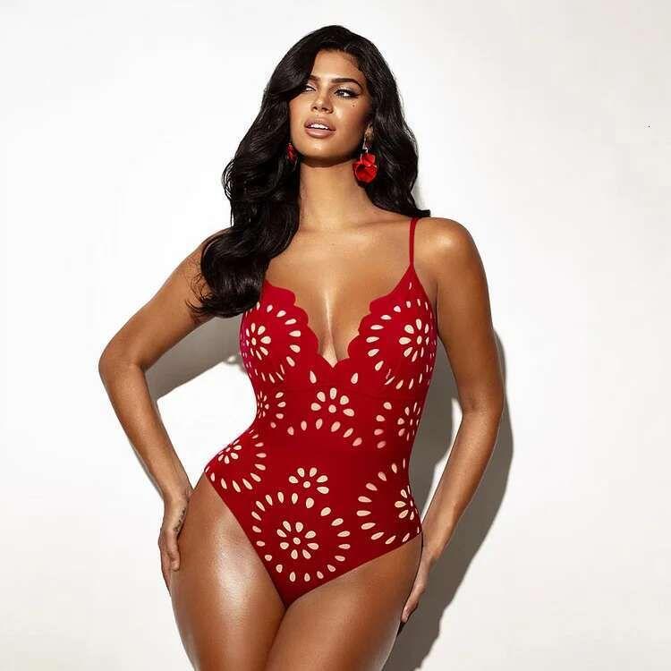 Jointlycreating Women's One Piece Swimsuit & Skirt Laser Cutting Flower Hollow Swimwear Summer Deep V Neck Bathing Suit in Red Navy Black