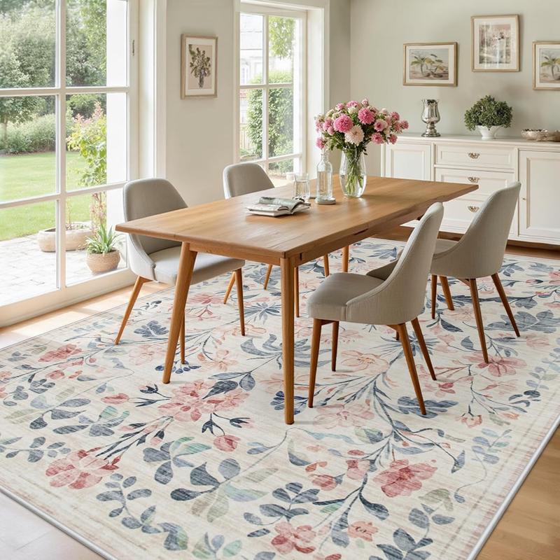 Lagre Boho Living Room Rug Soft Non-Slip Thin Carpet Indoor Floor Non-Shedding Neutral Floral Carpets for Bedroom Dining Room Farmhouse Nursery Washable Rug