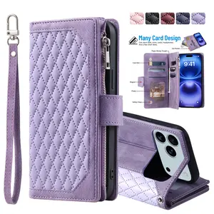 ROTUNOE Zipper Leather Wallet Case for iPhone 17 Pro Max 16 15 14 13 Pro Max, with Card Holder & WristBand Strap Flip Stand Cover Shockproof Protective Phone Case