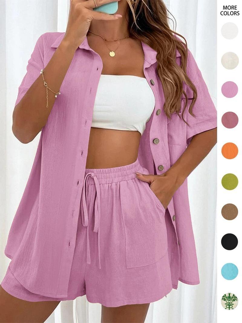 Women's Solid Button Front Shirt & Drawstring Waist Shorts Two-piece Set, 2 Counts Casual Short Sleeve Top & High Waist Shorts, Ladies Summer Outfits 2024 for Daily Wear