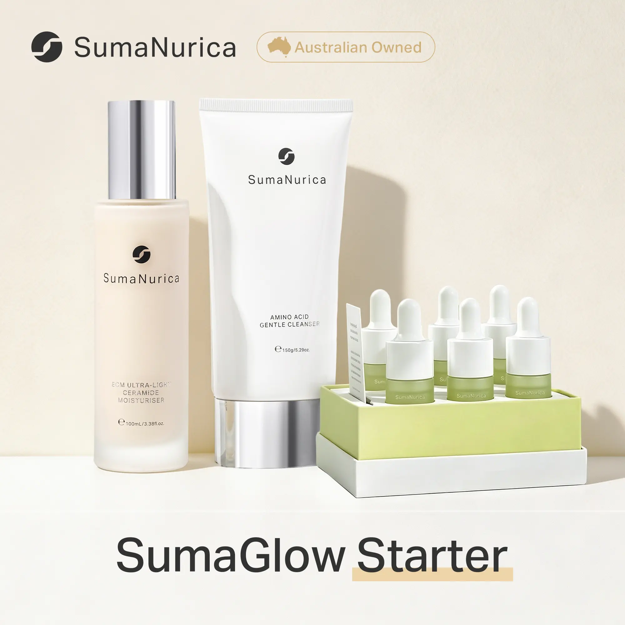 [SumaNurica] SumaGlow Starter Set, Amino Acid Cleanser + Niacinamide Serum + ECM Moisturiser for Fresh, Glowing Skin