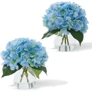 2PCS Artificial Hydrangea Flowers in Glass Vase with Faux Water, Fake Hydrangeas, Faux Flower Arrangements for Home Office,  Bathroom, Blue