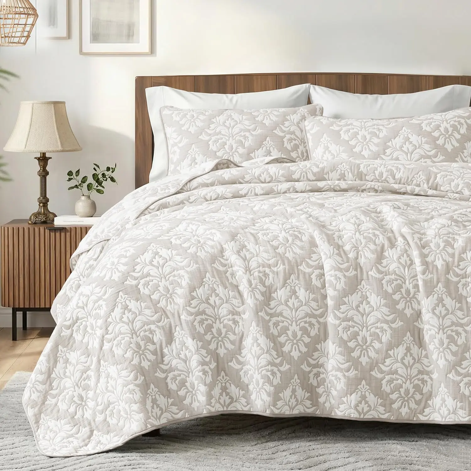 【Back to School】Exclusivo Mezcla Cotton Muslin Quilts Soft Breathable Bedspread Lightweight Prewashed Bed Coverlet With 1 Pillow Sham For Twin size,2 Pillow Shams for King/Queen, Boho Pattern Yarn Quilt Bedding Set for All Seasons
