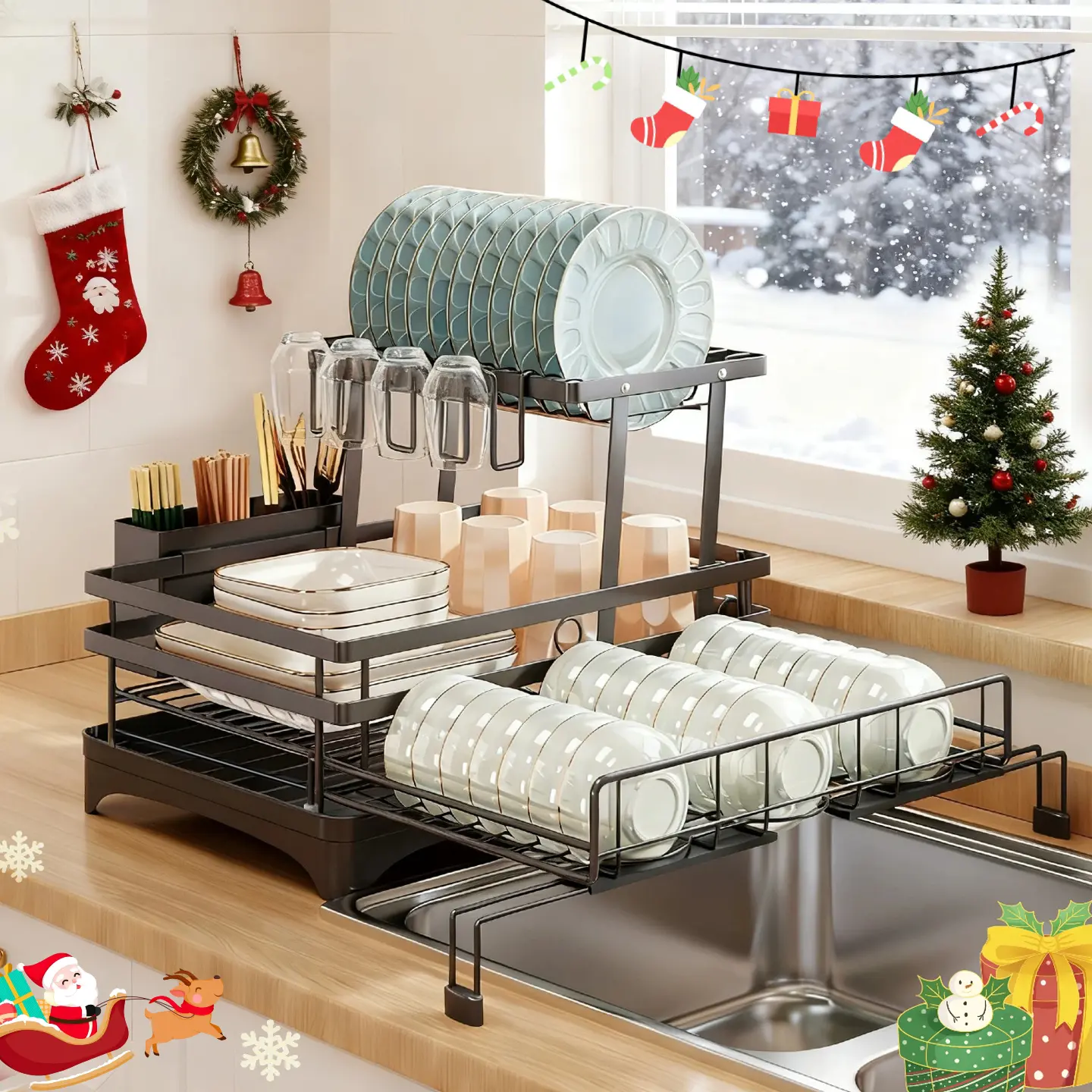 Foldable Over Sink Dish Drying Rack｜Pull-Out 2-Tier Dish Drainer with Utensil Holder｜Space Saving Kitchen Organizer for Small Kitchens,dorm essentials,home decor,dorm room inspo,college dorm essentials,dorm haul