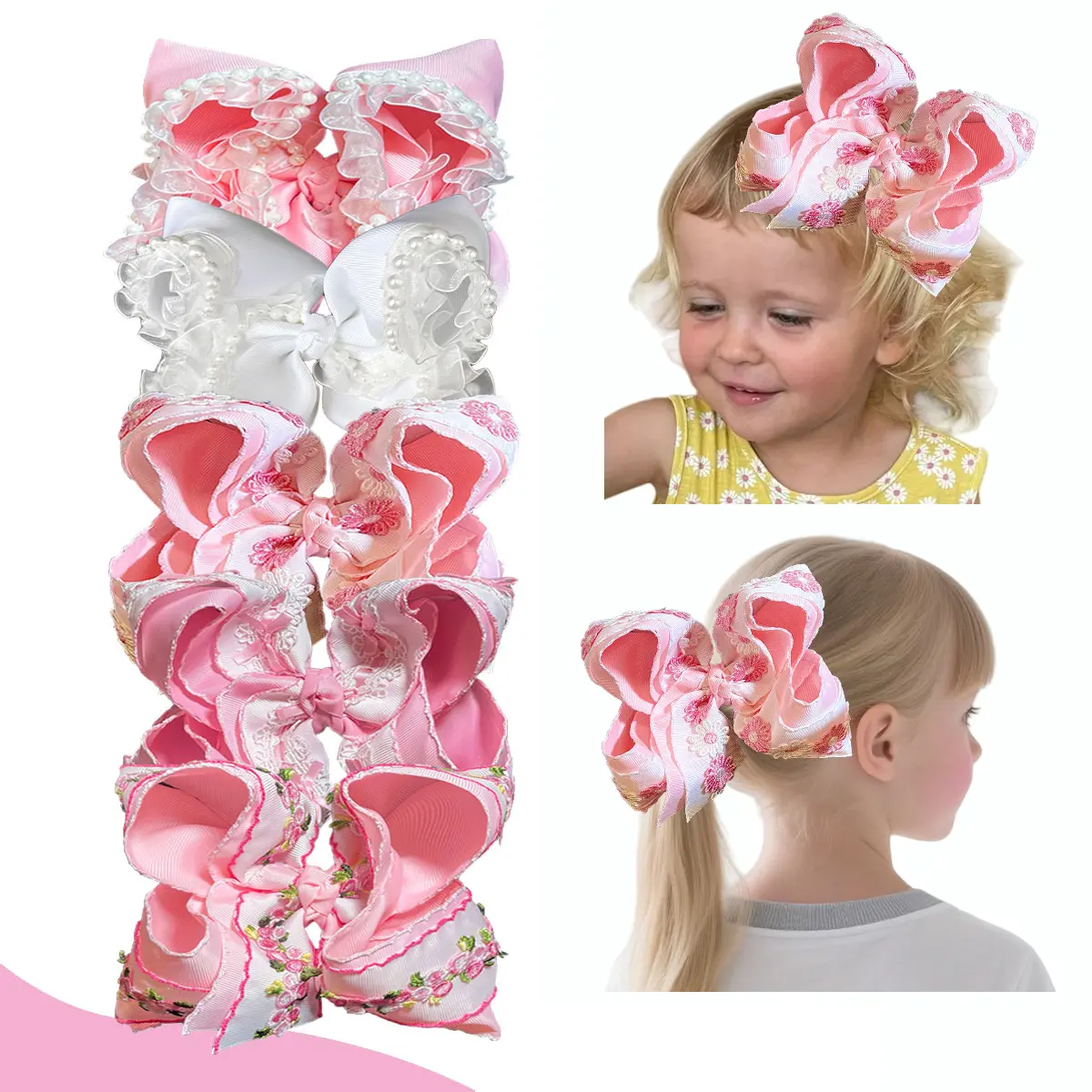 JoyBowie Large Handmade Floral Girl's Hair Accessory Satin Ribbon Bow Clip with Alligator Clip Perfect for Birthday Parties Holidays and Gifts Colorful Hairpins Lace Soft Pink