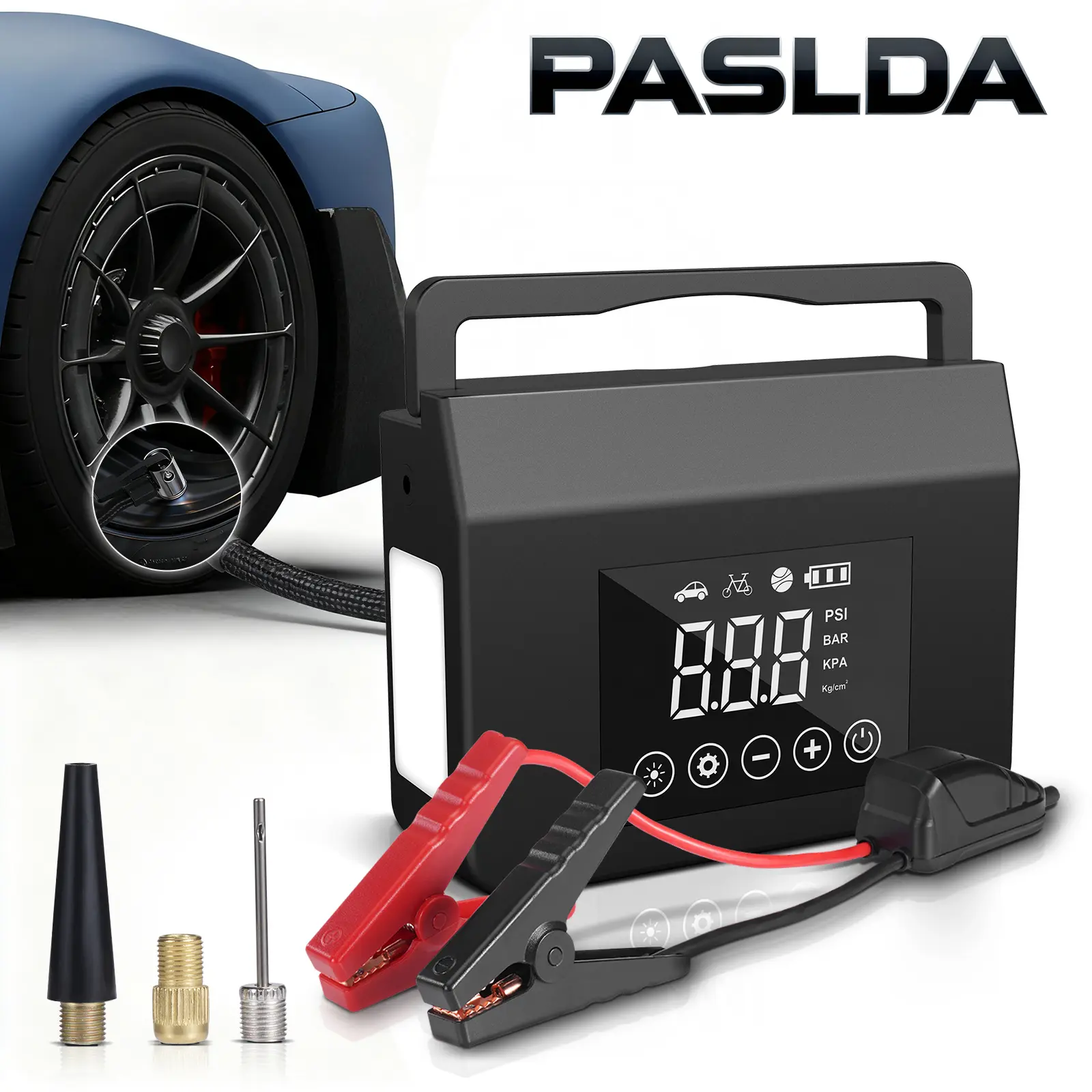 【PASLDA】4000A Car Jump Starter, 150PSI Tire Inflator, 15000mAh 4-in-1 Portable Power Bank with LED Flashlight, Auto Shut Off Air Compressor for Summer Outdoor, Car, Camping, Pool Car Tool Kit