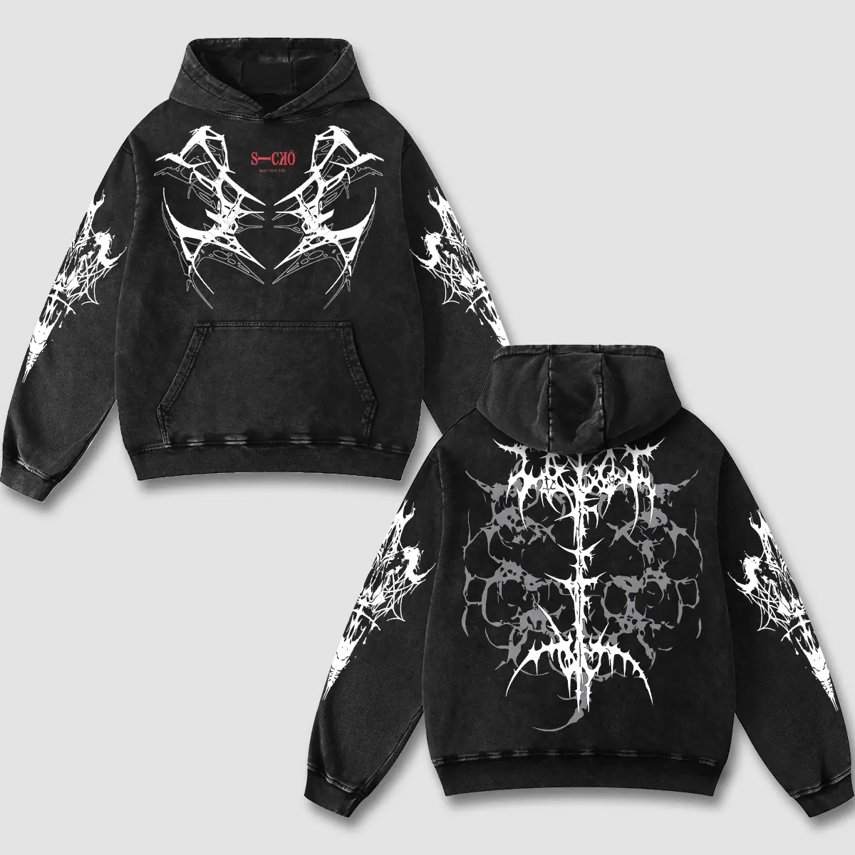 Revion - Motorcycle Racing Vintage Hoodie - Washed Black Biker Tribal Pullover - Oversized Street Racing Grunge Sweatshirt - Premium Heavyweight Dark Rider Top