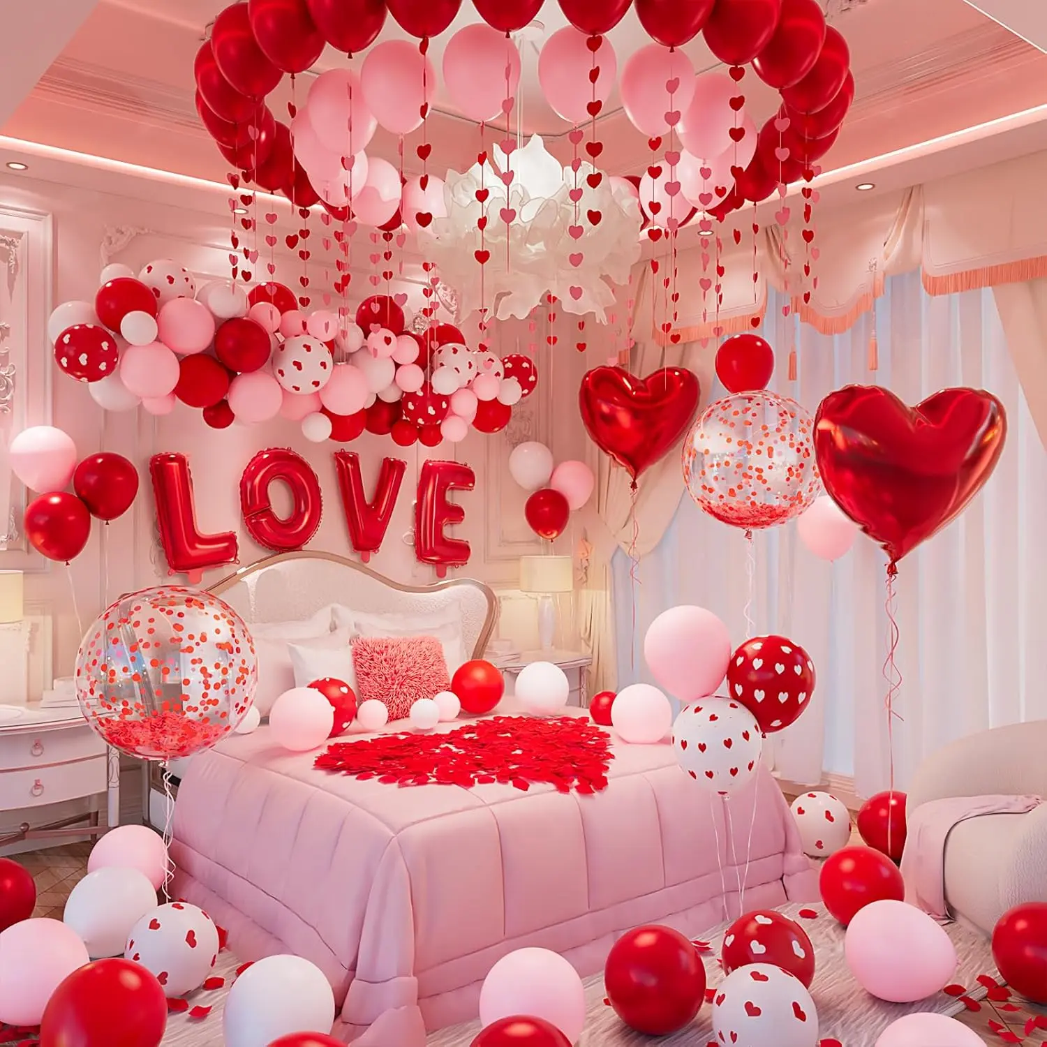 1082PCS I Love You Balloons, Happy Anniversary Decorations with Pink Red Heart Print Balloon, Red Heart 32'' LOVE Foil Balloons, Rose Petals, Heart Hanging for Romantic Night Valentine Day Decorations
