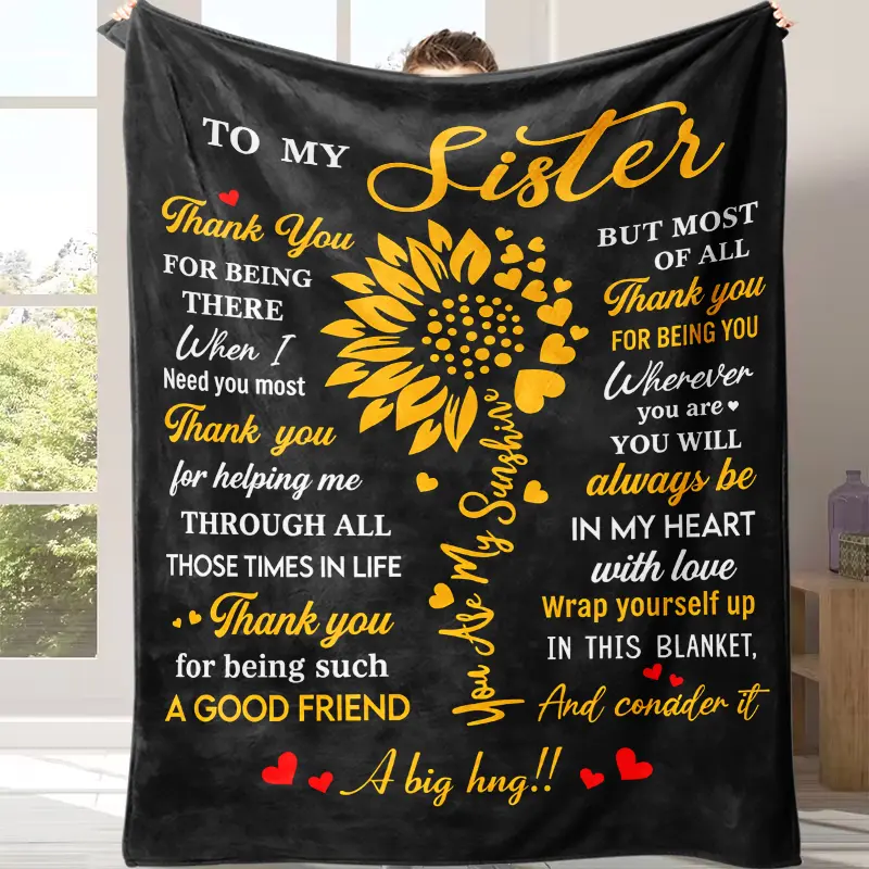 Soft Texture Polyester Fleece Fabric Throw Blanket - All-Seasons, Sunflower Design, "To My Sister You Are My Sunshine" Quote, Heart Art, Indoor Use Home Décor for Sofa & Bed, Gift for Unbiological Sisters