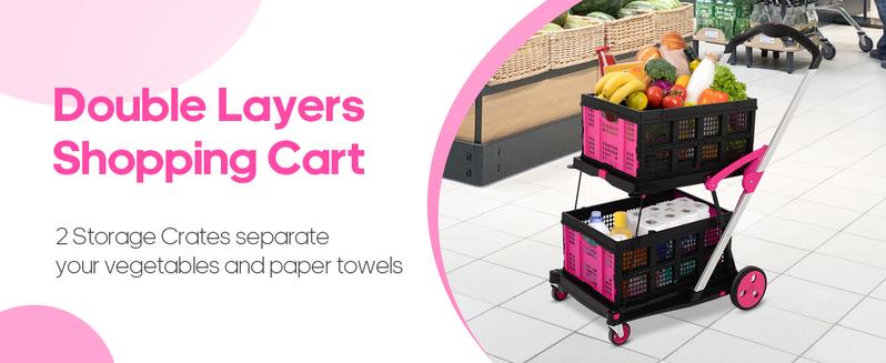 Foldable Utility Cart with Wheels,2 Layers Multifunctional Folding Cart for Cosmetic Organizer,Grocery,Office,Warehouse,Garden, Double Layers Foldable Shopping Cart,Folding Trolley for Luggage Heavy Duty(Blue/RED/PINK/Purple)