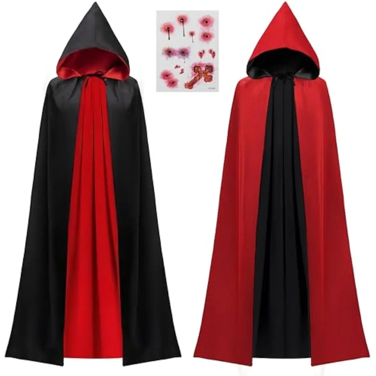 Halloween Vampire Cape with Hood Accessory Set, Vampire with Hood Costume, Reversible Hooded Cape Cloak and Tattoo Scar for Adult Unisex for Transylvania Dracula Theme Party Broadway Costume