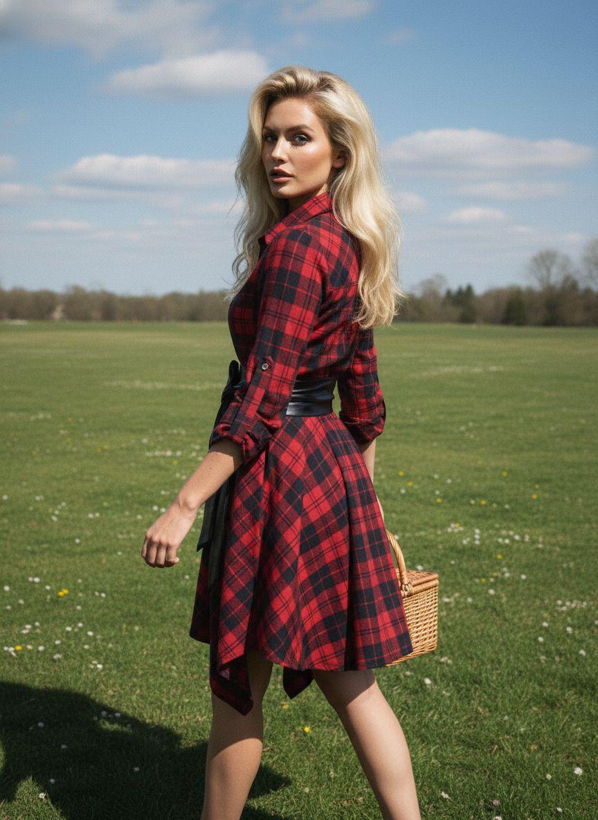 1950S 3/4 Sleeve Plaid Belt Dress Casual Outfits Women Collared Black Vintage Check Leather Womenswear