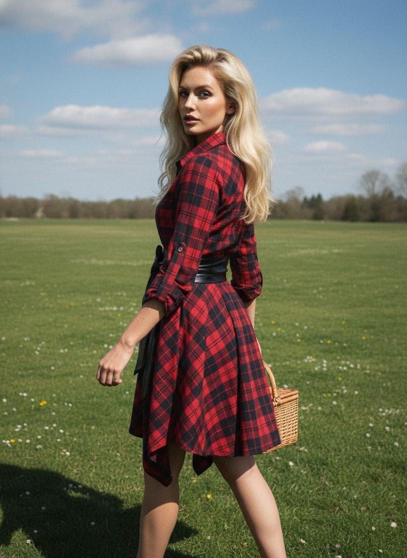 1950S 3/4 Sleeve Plaid Belt Dress Casual Outfits Women Collared Black Vintage Check Leather Womenswear