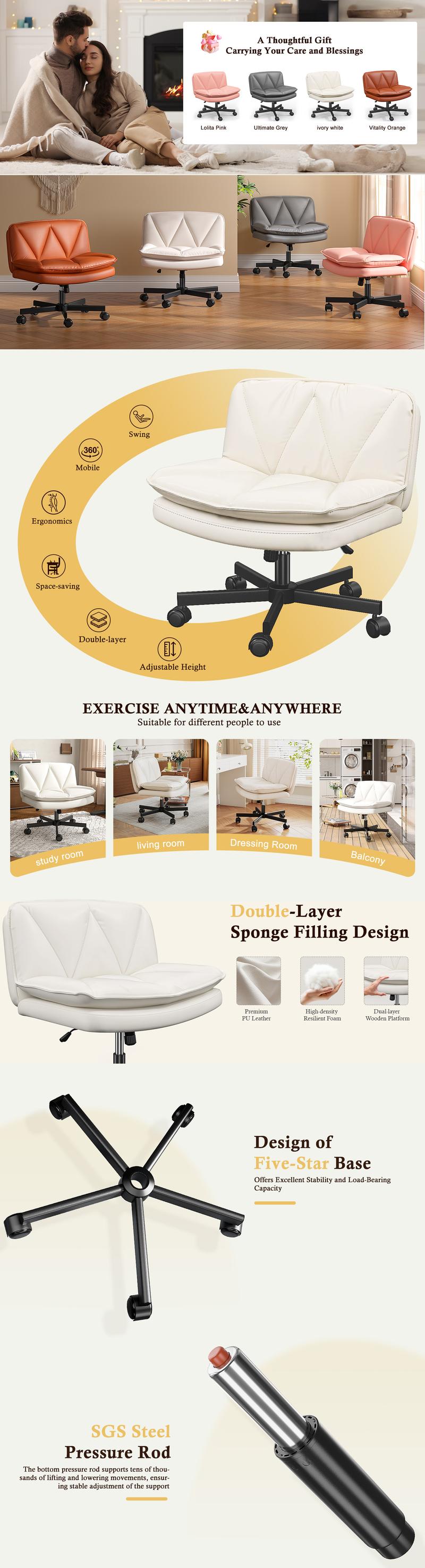 Raybee Furniture Armless Office Desk Chair with Wheels, PU Leather, Mid-Back, Height Adjustable, Wide Seat for Vanity Makeup, Modern Swivel Design