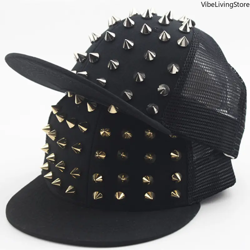 Rivet Studded Fitted Baseball Cap - Unisex Flat Brim Punk Rock Casual Hat, Hip Hop Streetwear Men's Accessories & Accessories for Women, Teen Gift (Black), Fitted Baseball Hat, Hats