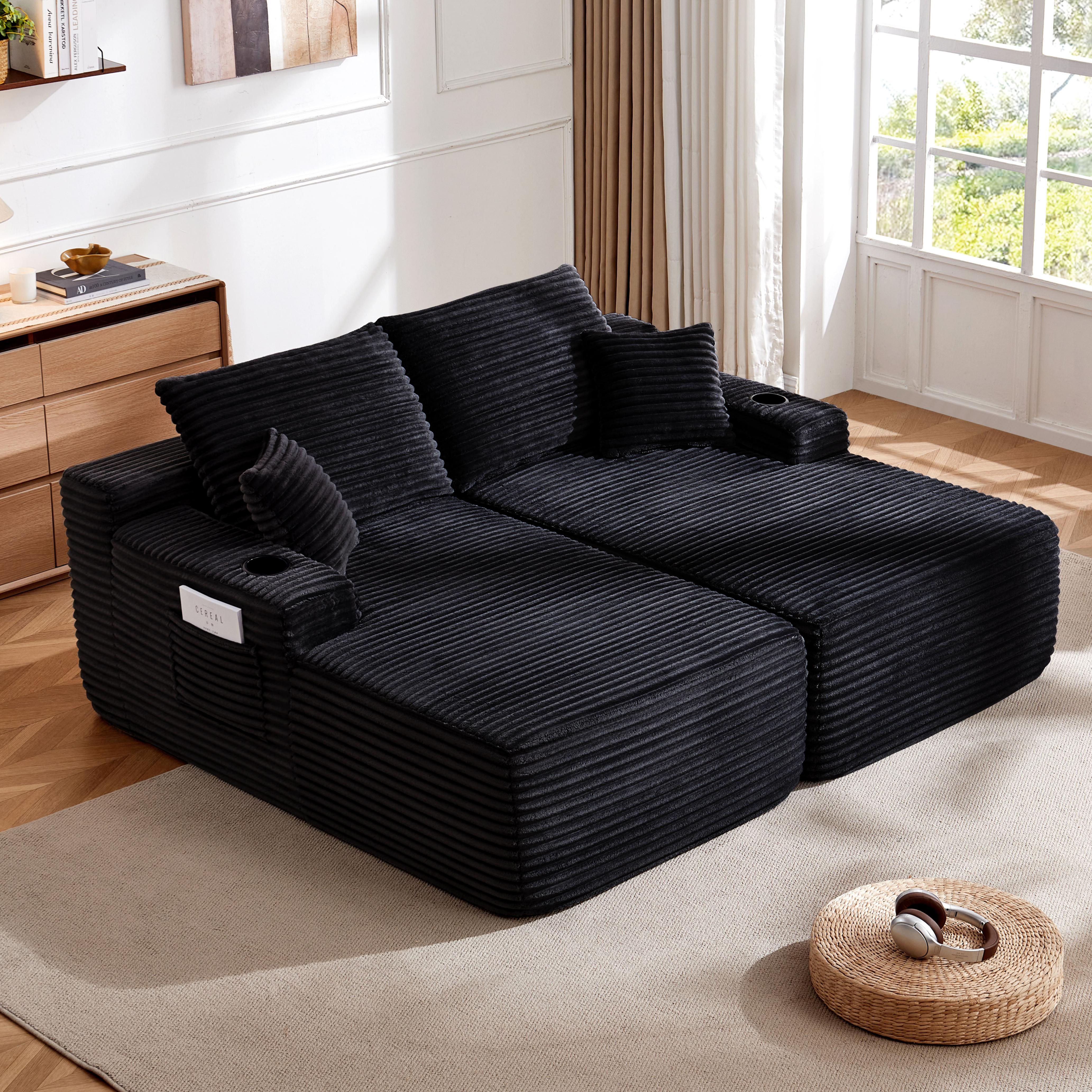 YOMSUM 69" Cloud Sectional Couch L-Shape Chaise with R-Shape Chaise Deep Seat Comfortable 2 Seater Plush Fabric Black,Chaise Lounge,No Assembly Required,Boneless Sofa Bed，With Side Pockets And Cup Holders