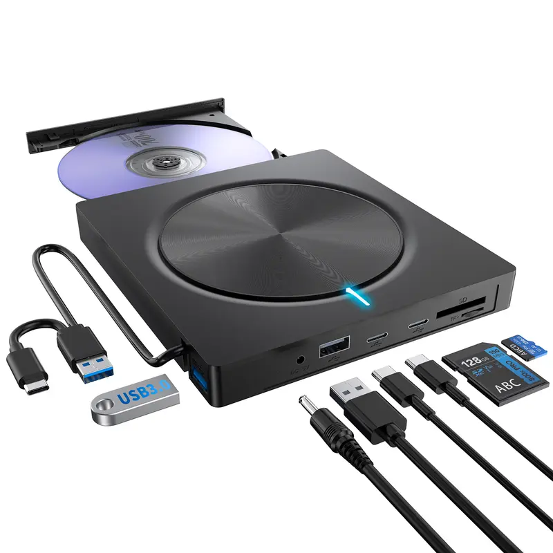 【Back to School】Portable External Laptop DVD Player USB 3.0 CD Burner with DVD 8x Read, SD/TF Card Slots - Convenience for Data Transfer, Burn & Play, Compatible with Laptops, Desktops, Mac, Windows 11/10/8/7, Linux, Retro Travel Design, Christmas Gift
