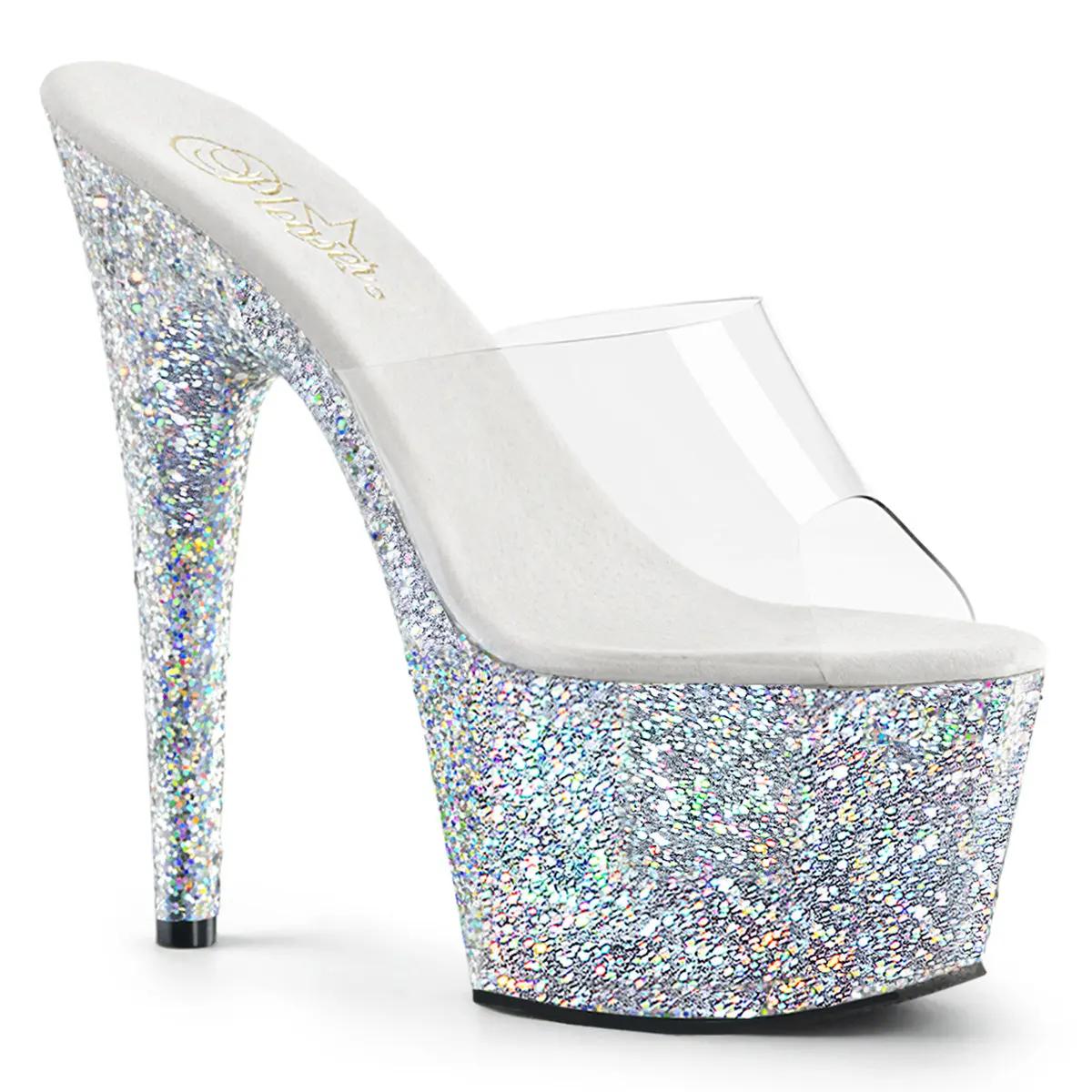 Pleaser Adore-701LG Women's Statement Glitter Shoes, Platform Slide Sandals with a 7-Inch Heel for Performances, Holographic Sandals, Pleaser Heels