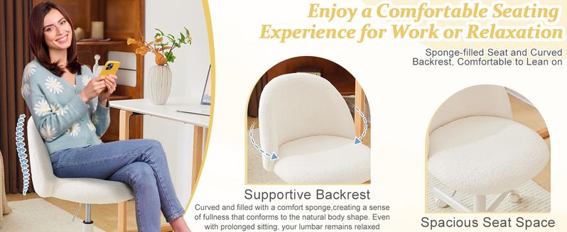 VINGLI Candy Chair Armless Cute Desk Chair,Comfy Small Office Chair with Wheels,Vanity Chair with Lumbar Support,Teddy Adjustable Rolling Swivel Computer Task Chair for Home Office,Bedroom,White