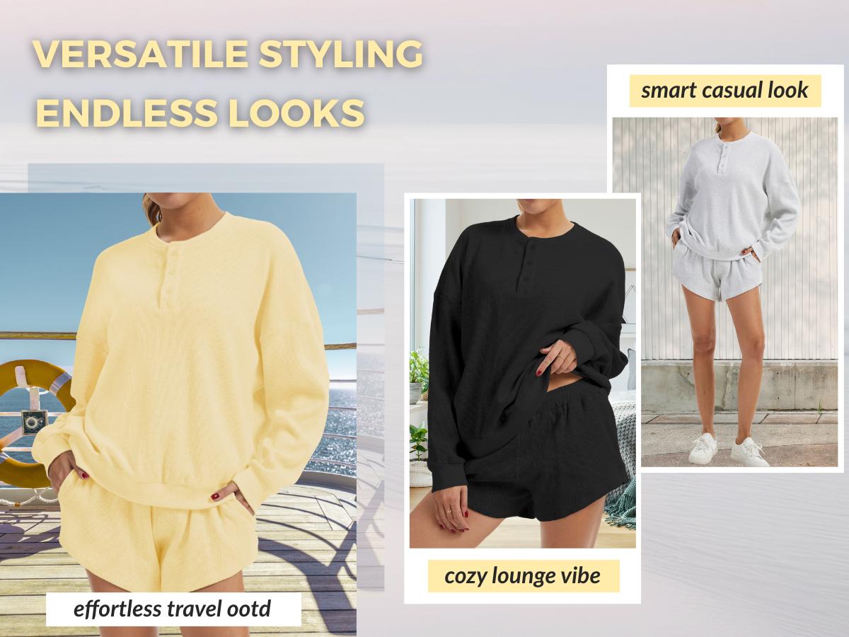 AnotherChill Women's Oversized Waffle Knit Lounge Set – Long Sleeve Henley Sweatshirt and High Waisted Shorts 2 Piece Casual Outfit AnotherChill Women's Oversized Waffle Knit Lounge Set – Long Sleeve Henley Sweatshirt and High Waisted Shorts 2 Piece Casual Outfit